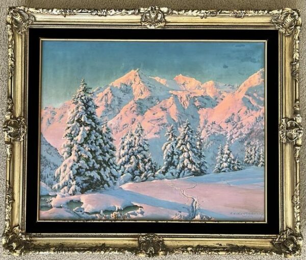 Friedrich Albin Koko-Micoletzky (1887–1981) Alpine Winter Landscape with Alpenglow, Original Oil